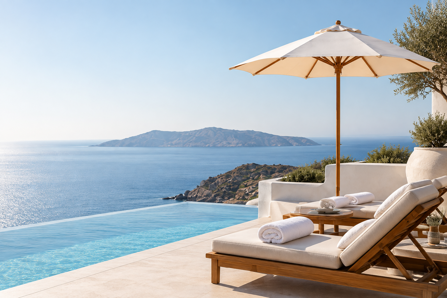 White towels, porcelain and pool loungers on a sunlit Greek hotel terrace